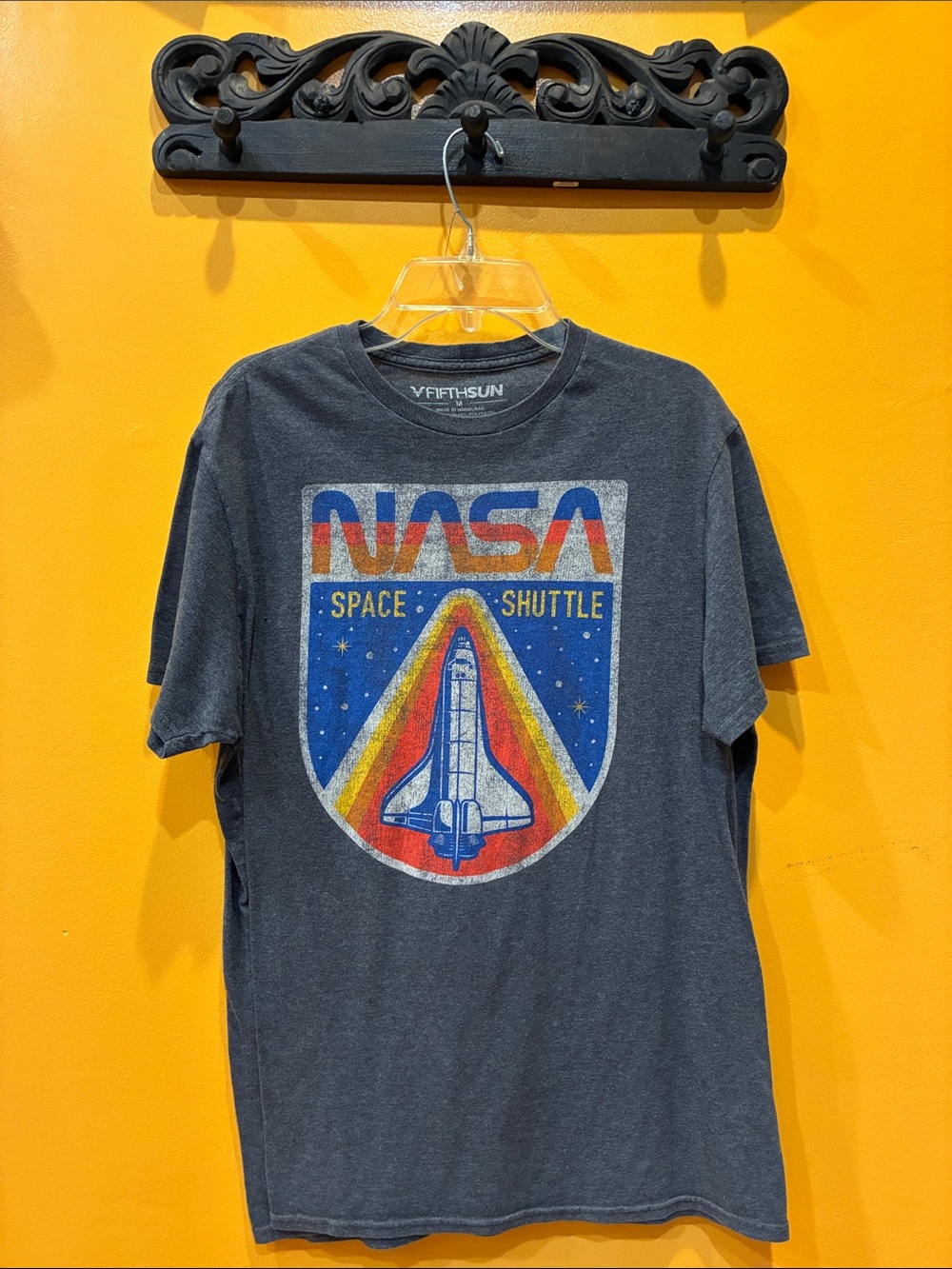 Fifth Sun Charcoal NASA Space Shuttle Tee with Red, Blue, Yellow Accents